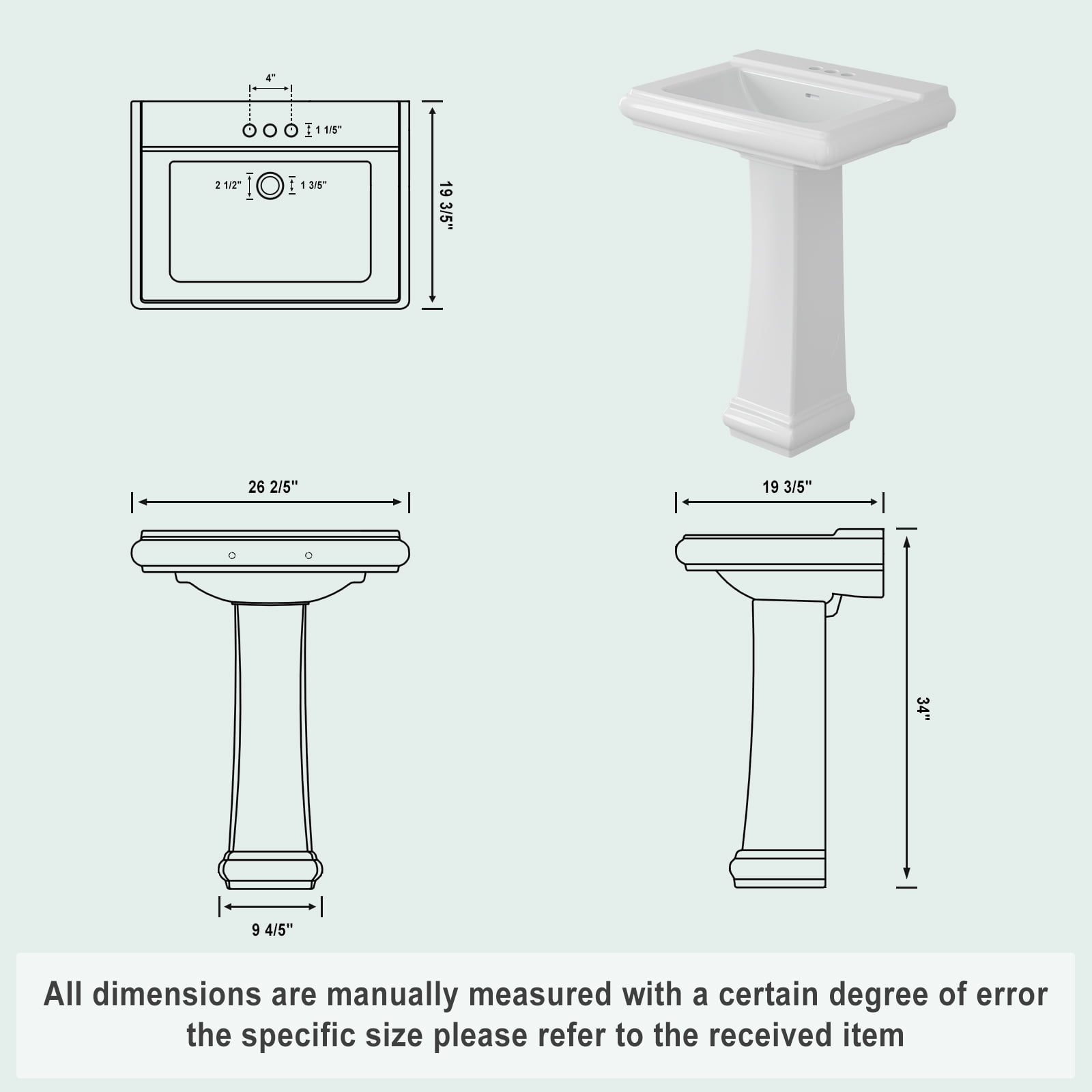 26"L X 21"W Rectangular Pedestal Sink, White Ceramic Pedestal Bathroom Sink with 3 Faucet Holes At 4" Faucet Centers, with Overflow