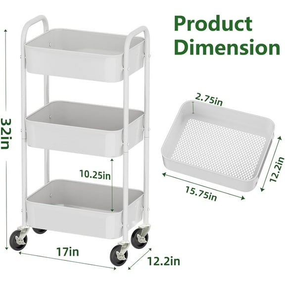 3 Tier Metal Cart on Wheels, Heavy Duty Rolling Storage Cart for Kitchen, White