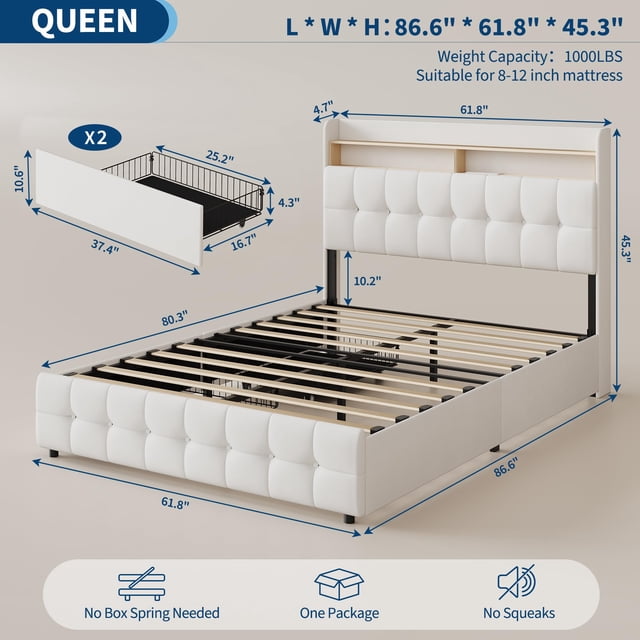 Kojooin Bed Frame with Headboard and 2 Storage Drawers, Upholstered Bed with LED Light and Charging Socket
