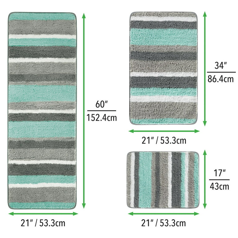 mDesign Striped Microfiber Non-Slip Bathroom Mat Rug for Vanity Bathtub Shower Dorm Room Set of 3 Gray Yellow