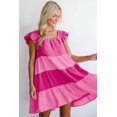 thumbnail image 6 of Women's Pink Crinkled Colorblock Patchwork Flutter Tiered Mini Dress - [ZhiHiMeRi] | (US 12-14)L, 6 of 12