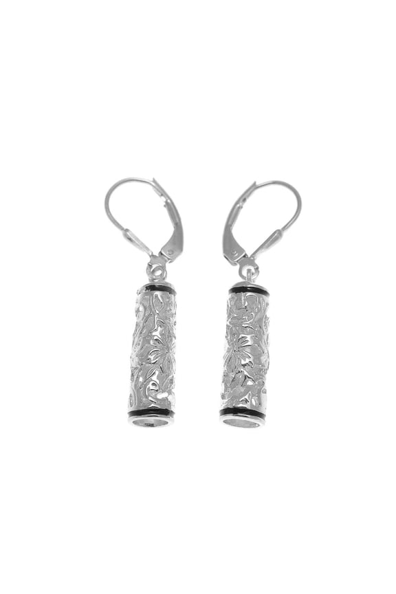 925 sterling silver Hawaiian plumeria scroll barrel black enamel leverback earrings