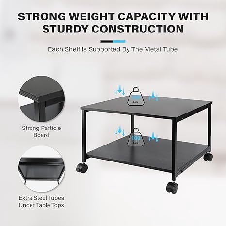 Heavy Duty  Printer Stand with Locking Wheels,  Large Printer Table Shelf, Holds 100 lbs per Shelf - Fits Most 60" Desks, Perfect for Office, Home, Laser Printer or Mini Fridge