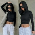 thumbnail image 2 of Casual Sophisticated Women's Bare Shoulder Cowl Neck Hooded T-Shirt Long Sleeves Solid Color Ruched Bodycon Crop Top, 2 of 9
