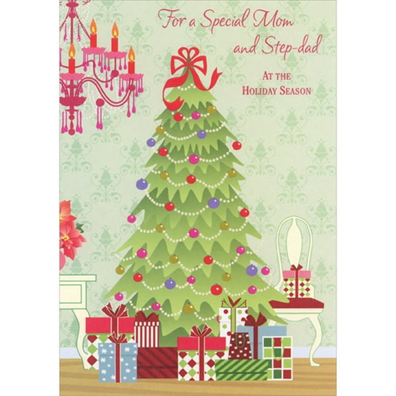 Designer Greetings Tall Light Green Tree, Chandelier, Presents and Chair Christmas Card for Mom and Step-Dad