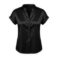thumbnail image 4 of Craaazy Women's Short Sleeve V Neck Tops Satin Solid Color Casual Button Down Blouses for Spring Summer Gift, 4 of 5