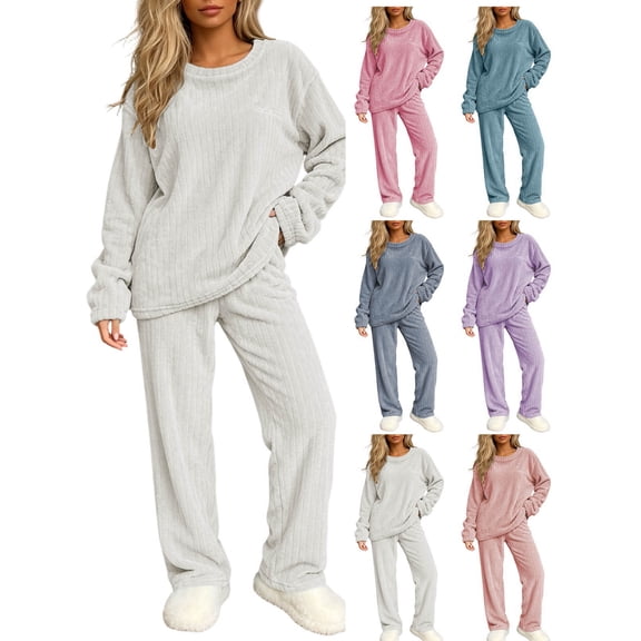 Women Solid Vertical Rib Loungewear Set Soft Warm Loose Crew Neck Long Sleeve Top & Wide Leg Pants Cozy Breathable Sleepwear Pajamas for All Age Ladies