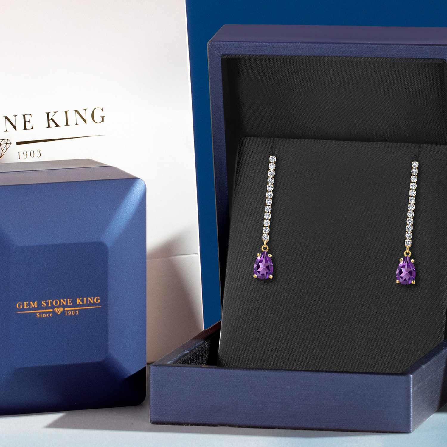 14K Yellow Gold Purple Amethyst and White Lab Grown Diamond Long Liner Dangle Earrings for Women | 1.64 Cttw | Gemstone February Birthstone | Pear Shape 7X5MM | White Gold Chain Drop Earrings