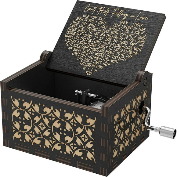 Can't Help Falling in Love Wood Music Box, Antique Engraved Musical Boxes Case for Birthday Present Kid Toys Hand-Operated (Black)