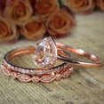 thumbnail image 3 of Sale 2.25 carat 8x5mm Pear shape Morganite and Diamond Moissanite Halo Trio Bridal Wedding Ring Set with 18k Gold Plating, 3 of 3