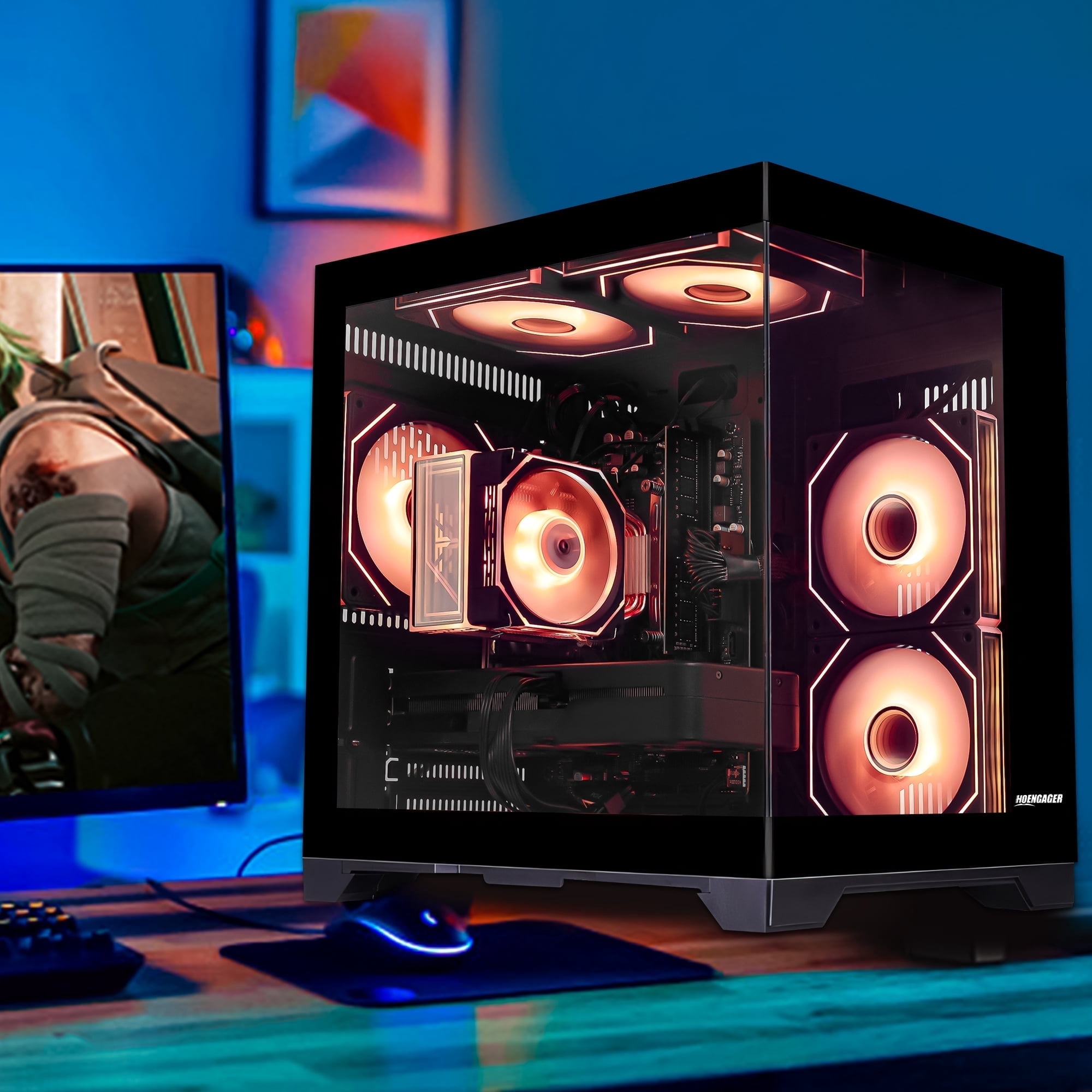 Hoengager Gaming Desktop Intel Core i5 14400F, GeForce RTX 5050 8GB, 32GB DDR4, 1TB PCIe and 1TB SATA SSD, RGB Fans, Windows 11 Prebuilt PC-Black