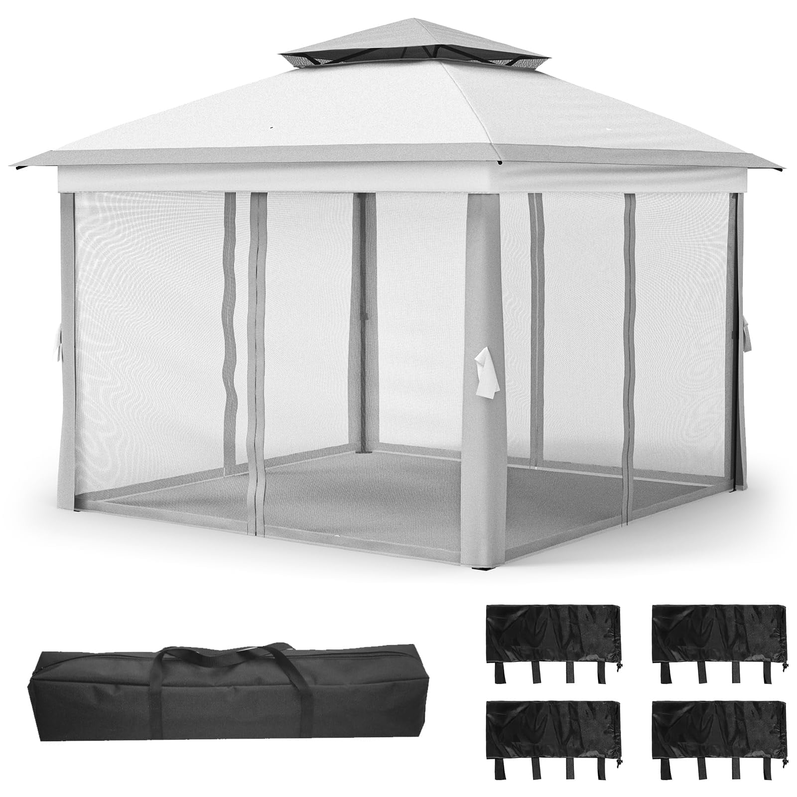 11x11 ft Outdoor Gazebo, Heavy Duty Gazebo with Sturdy Metal Frame & Double Roofs, Patio Shelter with Mosquito Netting, Ideal for Backyard, Garden, Lawn, Deck, Light Grey