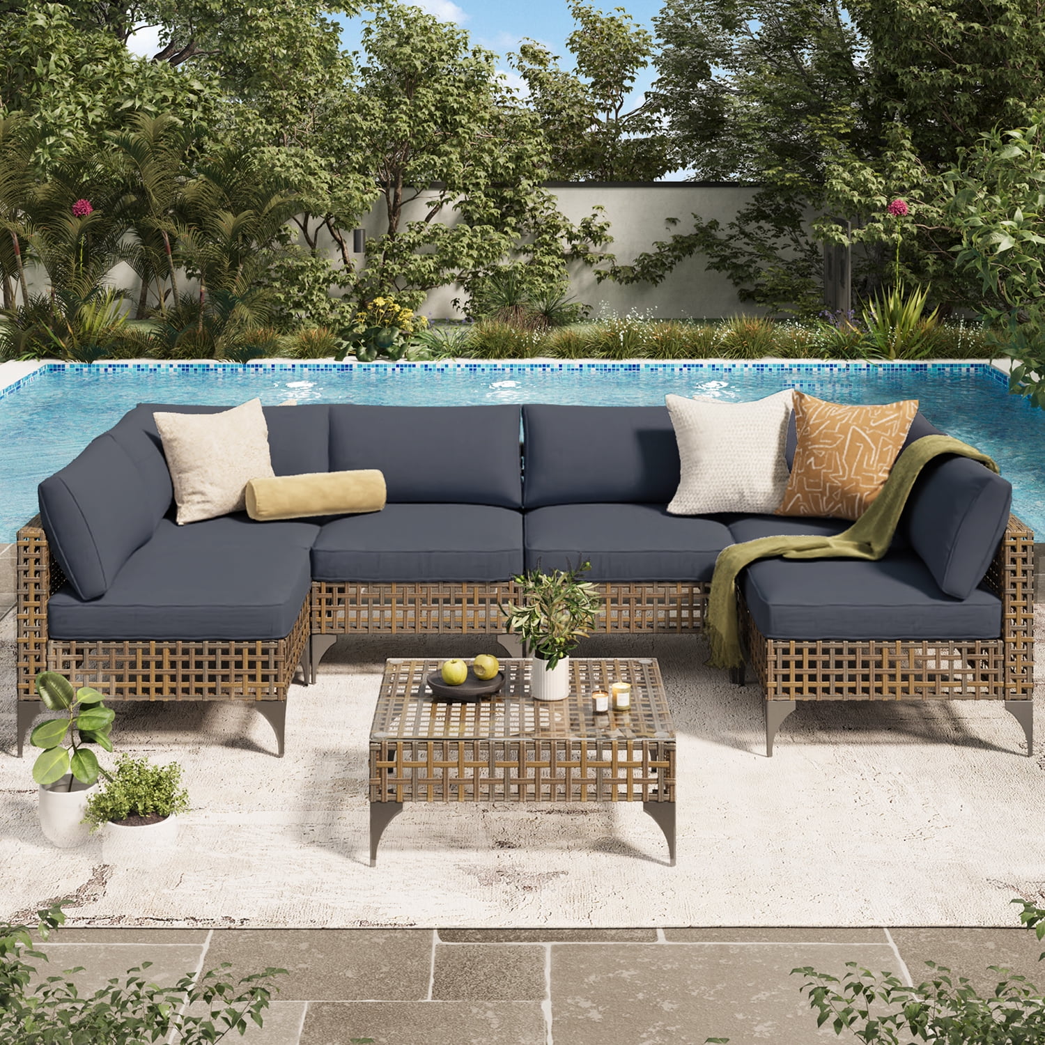 YODOLLA 7-Piece Patio Furniture Set with Tea Table, Rattan Wicker Outdoor Sectional Furniture Sofa Conversation Set, Dark Brown Rattan&Dark Grey Cushions