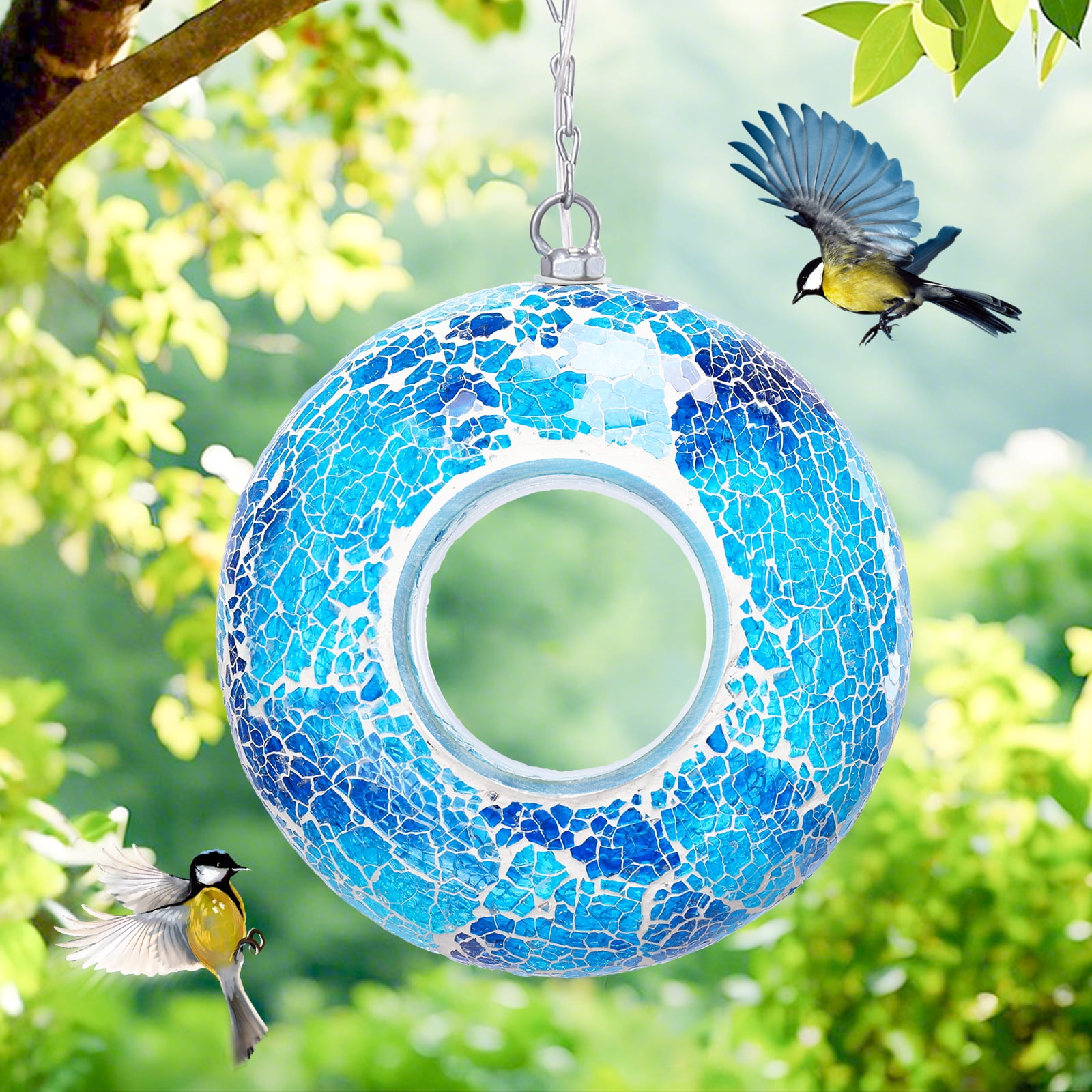 Outdoor Bird Feeder,Glass Fly Through Solar Bird Feeders,Mosaic Bird Feederfor Outdoor Hanging with Round Shape Glass Container for Garden Yard Decor
