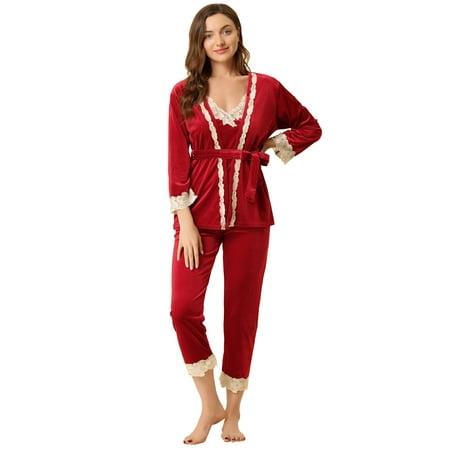 

Unique Bargains Women s 3Pcs Cami Top Tie Lace Sleepwear Set Sexy Pajama Set