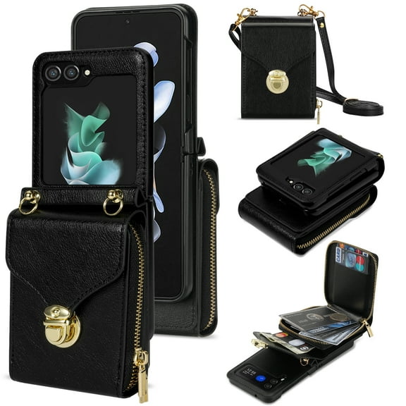 Handbag Wallet Case for Samsung Galaxy Z Flip 6 with Shoulder Strap, with Back Card Slots Holder PU Leather Magnetic Snap Zipper Flip Purse Shockproof Phone Cover for Galaxy Z Flip 6 - Black