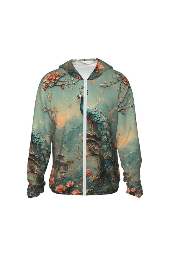 Women Men Sun Protection Hoodie Jacket Zip Long Sleeve Shirt Hiking Outdoor , Chinoiserie Oriental Chinese Peacock Retro