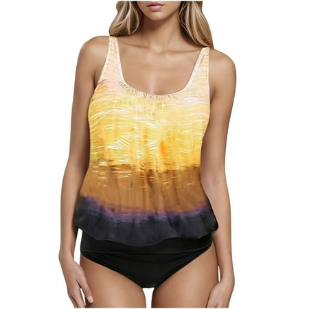 ZQGJB Tankini Swimsuits for Women Plus Size Tie Dye Gradient Color Printed Summer Swimwear Tummy Control Two Piece Bathing Suits with Boyshorts(Yellow M)