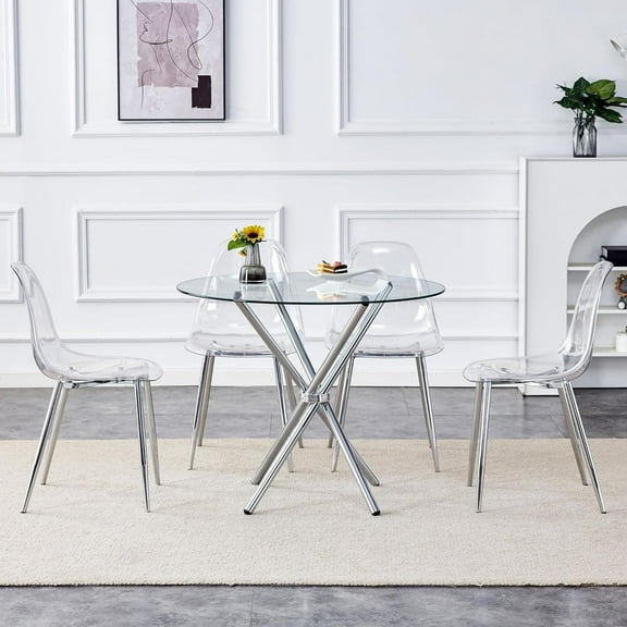 Round Glass Dining Table with Silver Metal Legs and 4 Transparent Dining Chairs