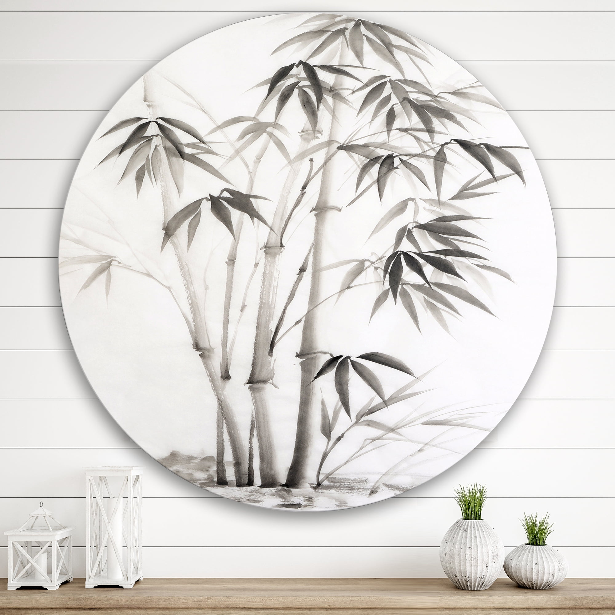 Designart 'Vintage Black and White Bamboo II' Traditional Circle Metal Wall Art 36x36 - Disc of 36