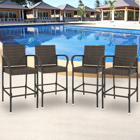 Zeny Set of 4 Wicker Bar Stool Outdoor Backyard Rattan Chair Patio Furniture Chair w/Iron Frame, Armrest and Footrest