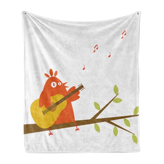 Music Soft Flannel Fleece Throw Blanket, Singing Orange Bird Plays the Guitar on a Branch Cartoonish Illustration, Cozy Plush for Indoor and Outdoor Use, 60" x 80", White and Multicolor, by Ambesonne