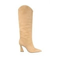 thumbnail image 5 of Schutz Maryana Stack Flare Honey Beige Leather Pointed Toe Mid Heel Calf Boots (Wood, 11), 5 of 5