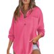 thumbnail image 2 of Tops de Punto Gofre para Mujer, Camisetas Henley de Larga con Cuello en V, Color Liso, Túnica Informal Rosa Roja L, 2 of 8