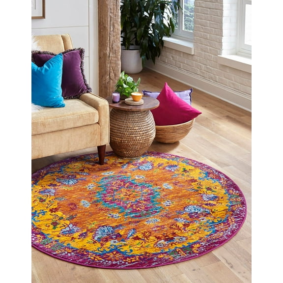 Rugs.com Calypso Collection Rug – 4 Ft Round Orange Medium Rug Perfect For Kitchens, Dining Rooms