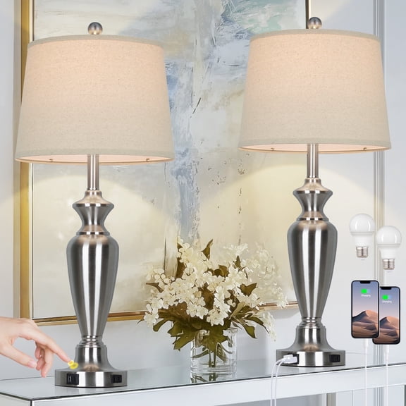 Cinkeda Table Lamp Set of 2, Modern Industrial Table Lamps,3-Way Dimmable Touch Control Desk Lamp for Bedroom Living Room, Silver