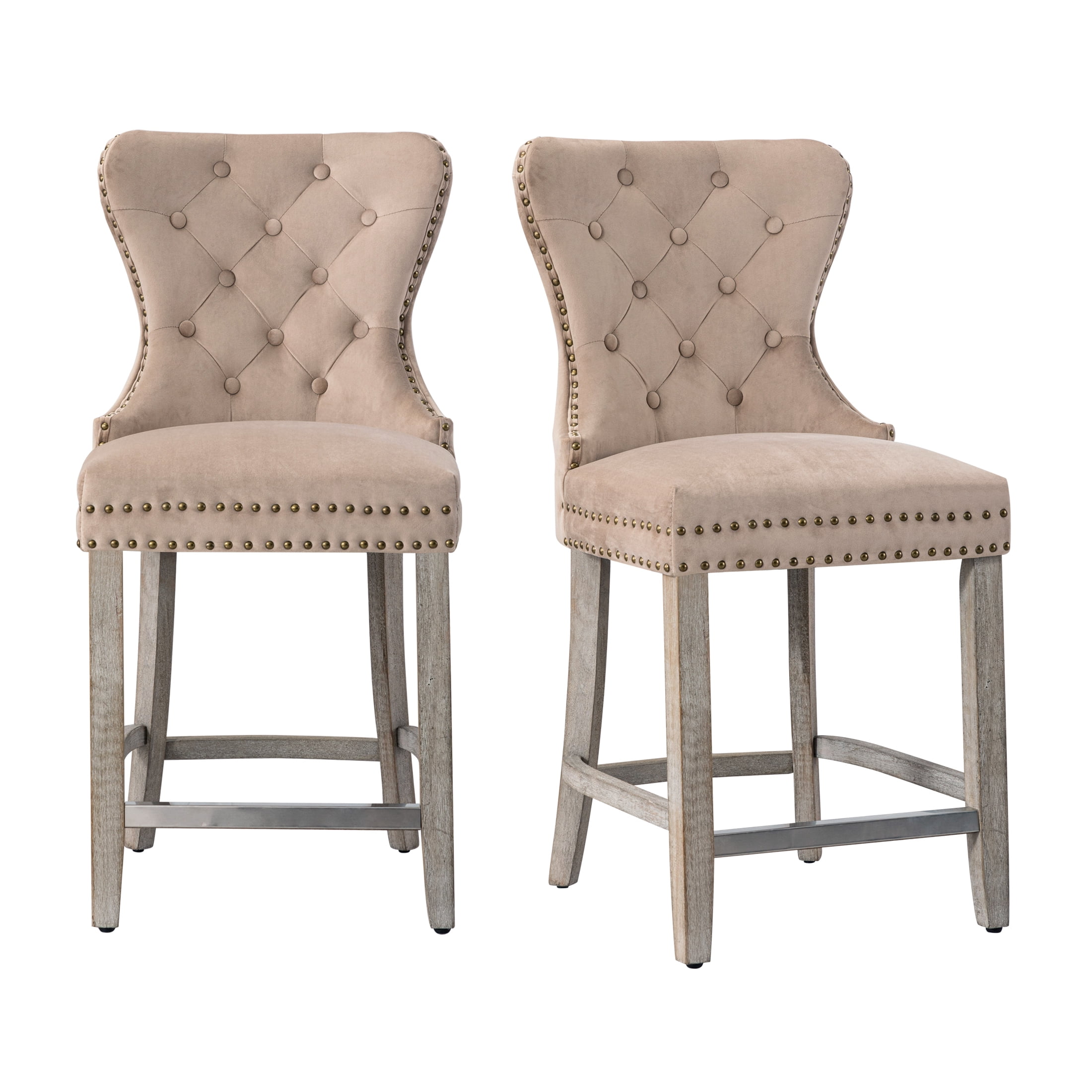 Westin Outdoor 24" Tufted Velvet Bar Stool (Set of 2), Antique Gray/Velvet Taupe