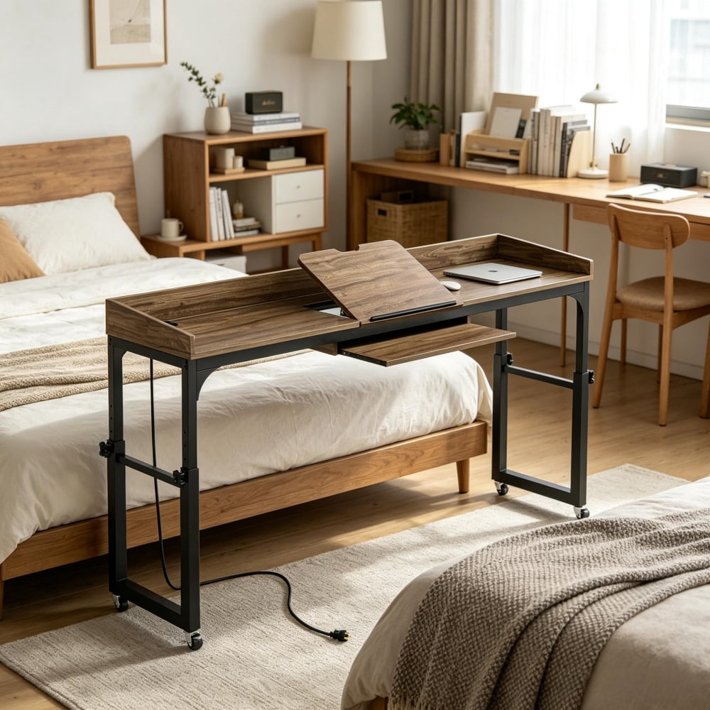 Height Adjustable Overbed Table with Wheels, 5-Level Tilting Desktop, Mobile Bedside Desk with AC & USB Charging Ports for Working Reading Gaming