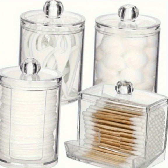 4-Piece Bathroom Organizer Set with Lids, Clear Plastic Apothecary Jars for Cotton Balls, Qtips & Bathroom Essentials
