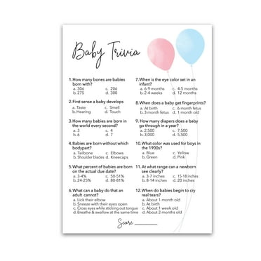 GENDER REVEAL Party Game — BABY TRIVIA Game — Pack of 25 — BALLOONS Minimalist Pink or Blue Fun Baby Facts Games, Trivia Gender Neutral Baby Shower Games Coed Couples Shower Activities G515-TRV