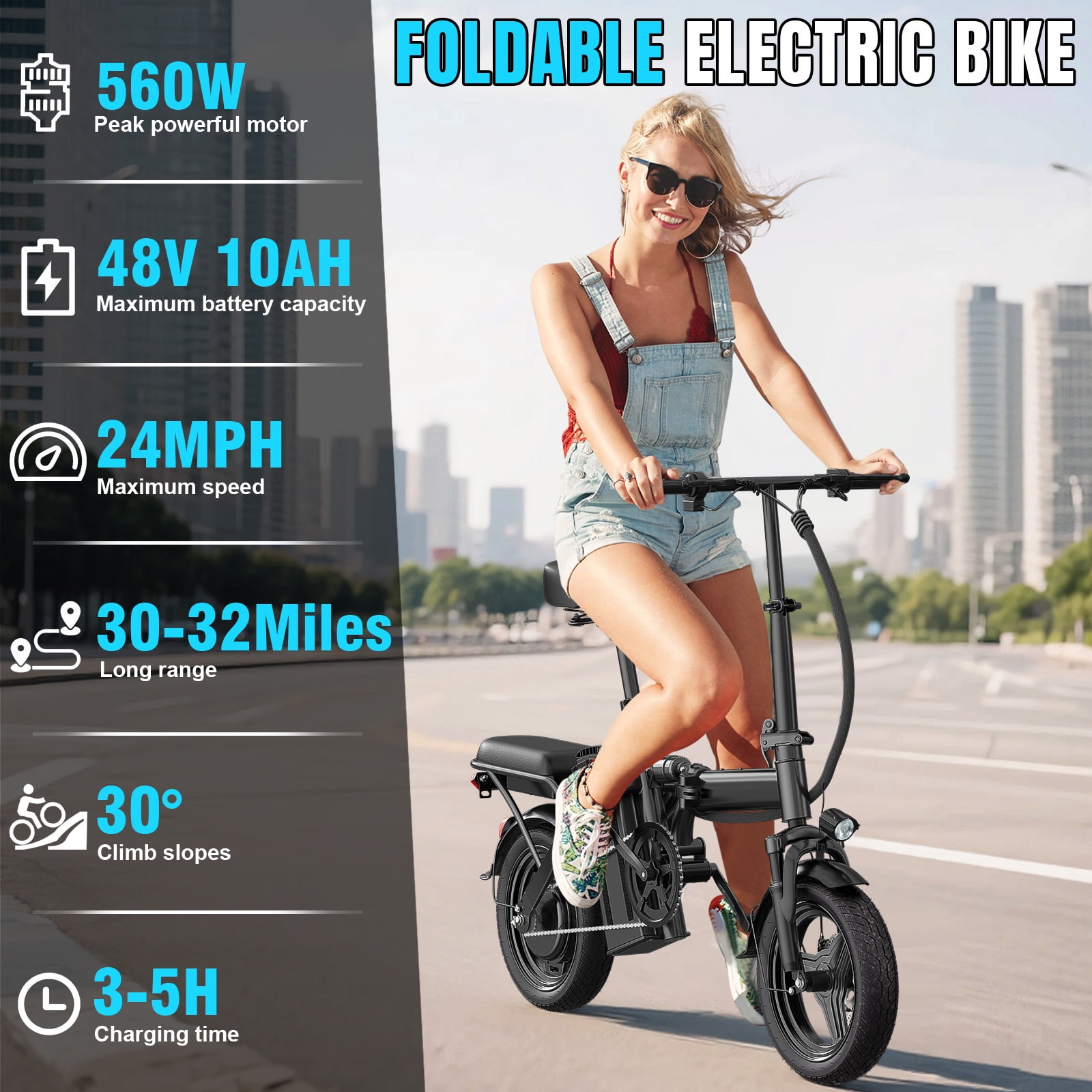 14 Inch Folding Electric Bicycle, 560W Adult Electric Bicycle, 48V 10.4Ah, Maximum Range of 32 Miles, Dual Disc Brake Safety System, 3-Speed Riding, Front Fork with Shock Absorption, Black