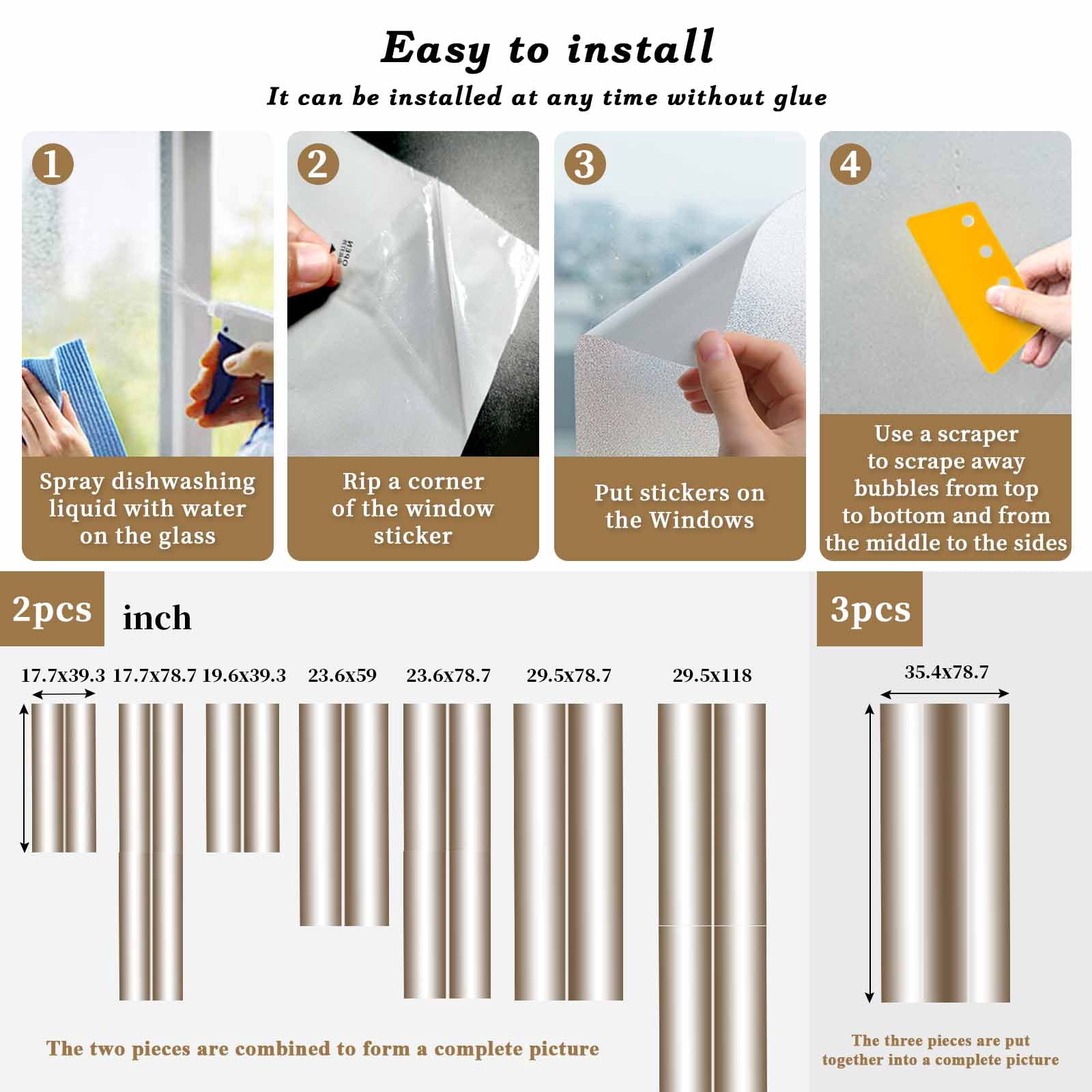 Brown White Ombre Window Privacy Film, Vintage Minimalist Country Gradient Static Cling UV Sun Blocking Tint Film Heat Control Windows Films for Bedroom Bathroom, Window Stickers 23.6"x59"