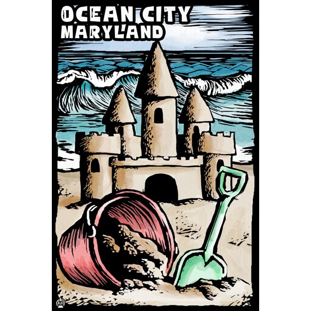 Ocean City, Maryland, Sandcastle, Scratchboard (9x12 Wall Art Print