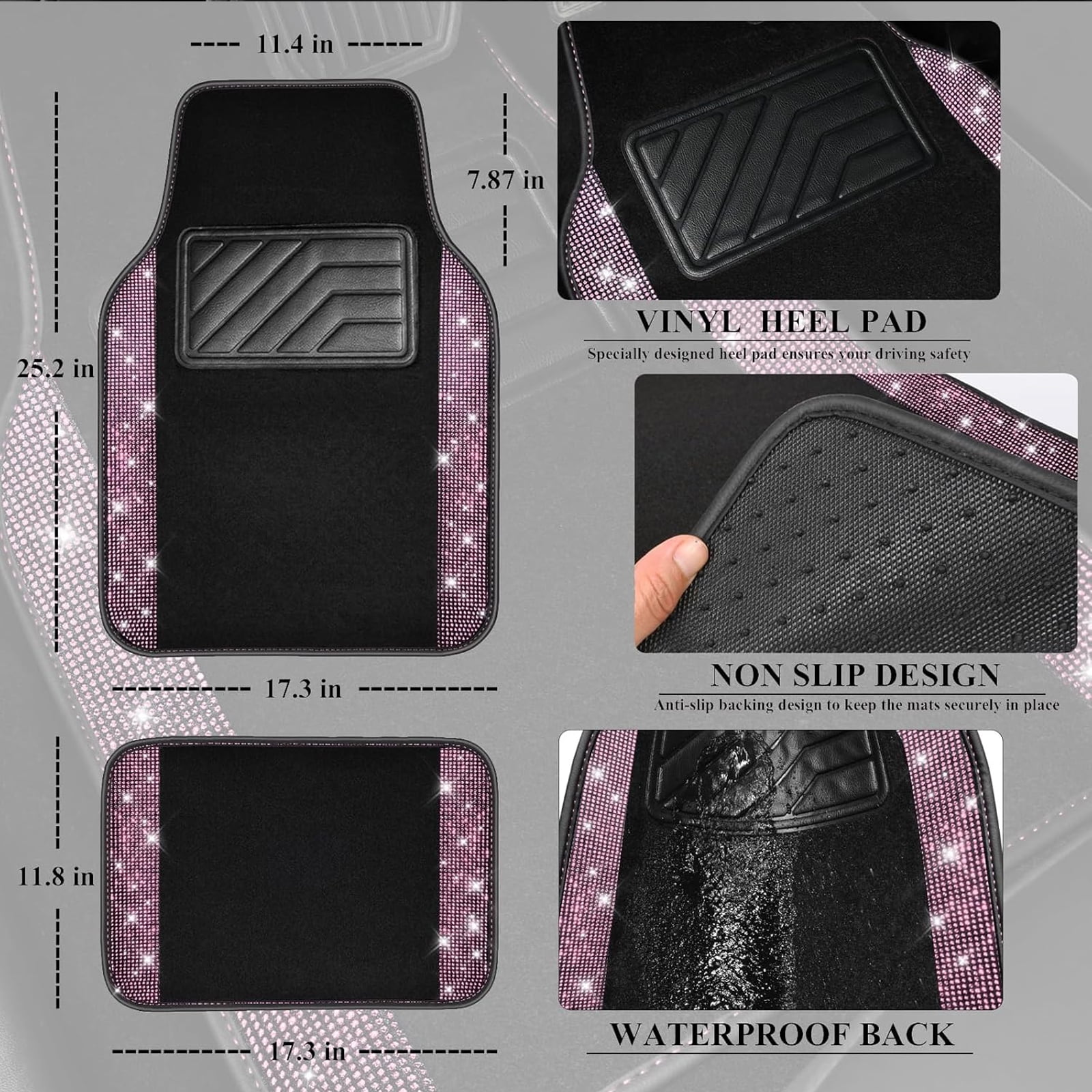 Car-Grand Bling Rhinestone Diamond car floor mats shining carpet sparkly glitter crytal with anti-slip heel waterproof universal fit cute girl women 4pcs Pink