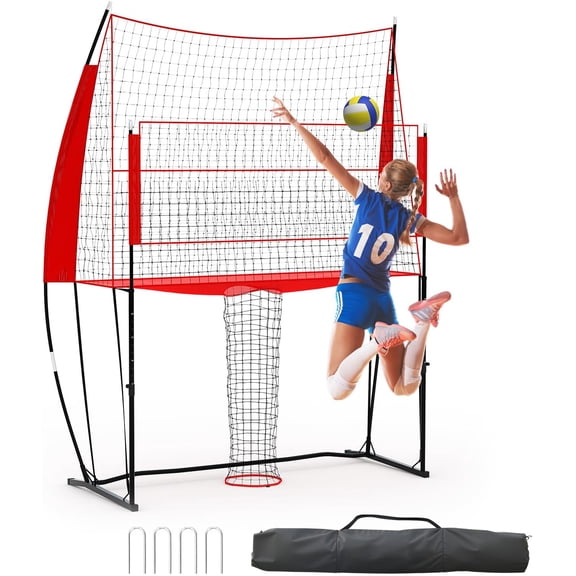 Riedhoff Volleyball Training Net System, Height Adjustable, 8.1 x 11 ft, with Carry Bag, Red
