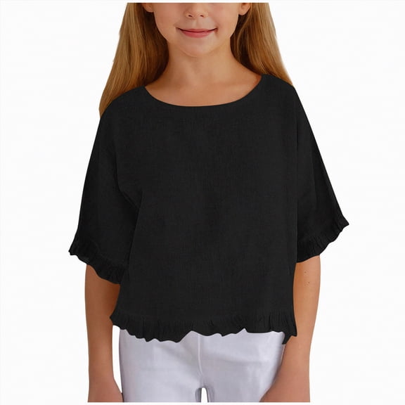 CAICJ98 Girls Ruffle Sleeve Shirts Summer Cotton Linen Short Sleeve Lightweight Tshirts Kids Casual Crewneck Fashion Flowy Blouse (Black,9-10 Years)
