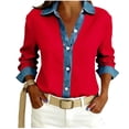 thumbnail image 2 of Dazajoo Oversized Button Down Shacket for Women Long Sleeve Waffle Knit Tops Casual Color Block Lapel Collar Shirts with Denim Trim,Red,XXL, 2 of 5