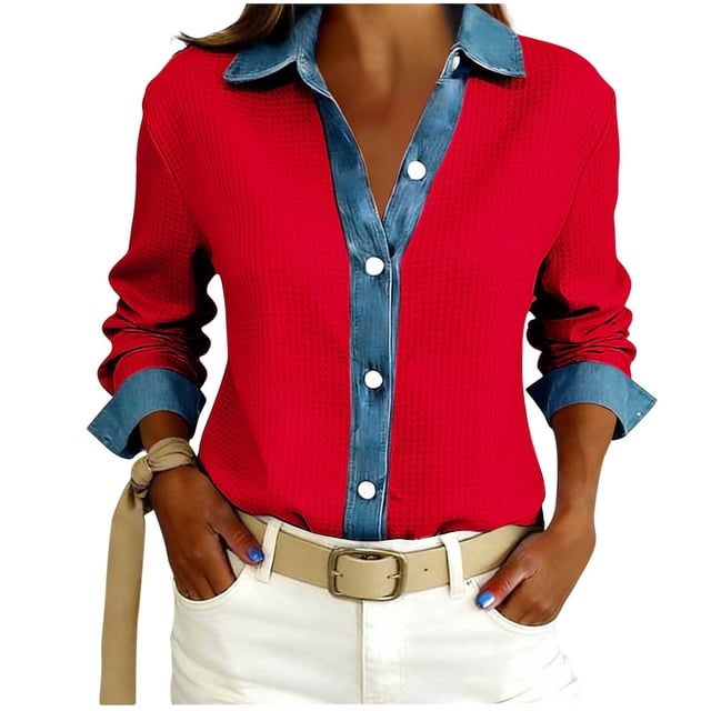 TaTaai Women's Loose Fit Blouse Long Sleeve Lapel Collar Waffle Knit Design Button Front Denim Style Casual Top Gift
