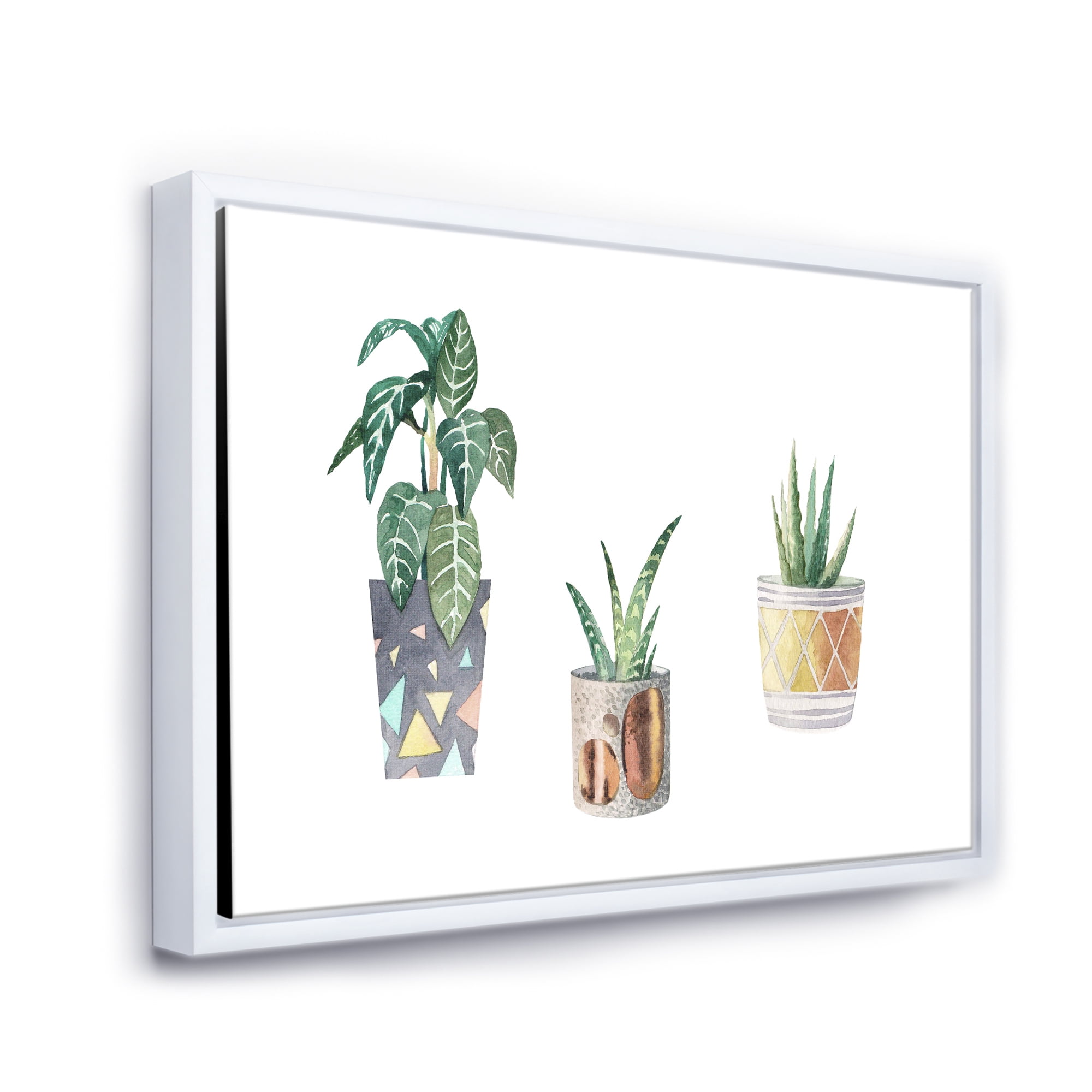Designart 'Three Potted Houseplants On White' Traditional Framed Canvas Wall Art Print