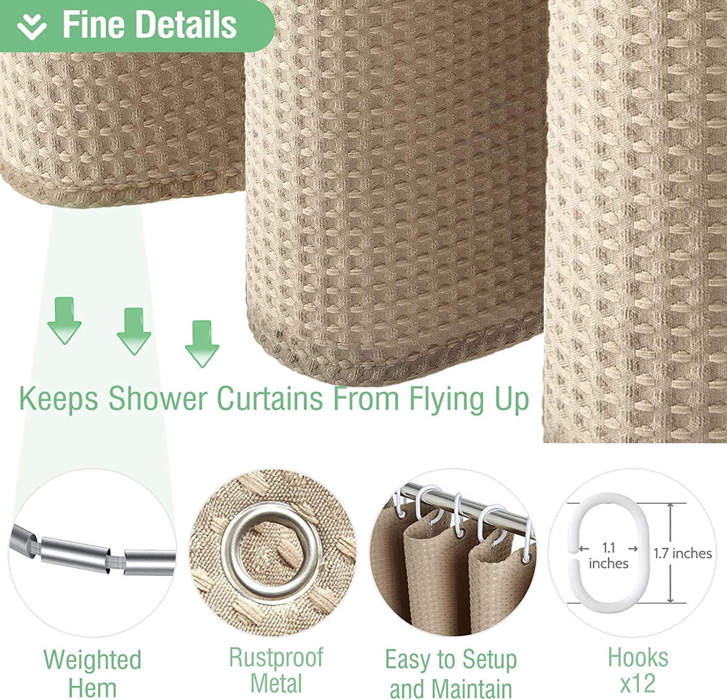 CAILDANL Green Shower Curtain - Waffle Textured Heavy Duty Thick Fabric Shower Curtains for Bathroom, 256GSM Luxury Weighted Polyester Cloth Bath Curtain Set with 12 Plastic Hooks，72Wx72H,Green