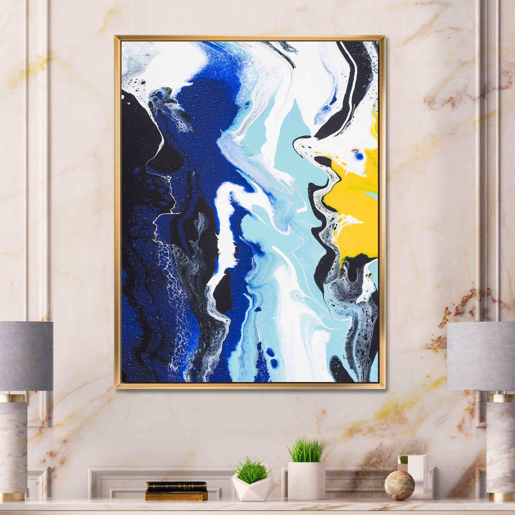 Abstract Blue and Yellow Waves 24 in x 32 in Framed Painting Canvas Art Print, by Designart