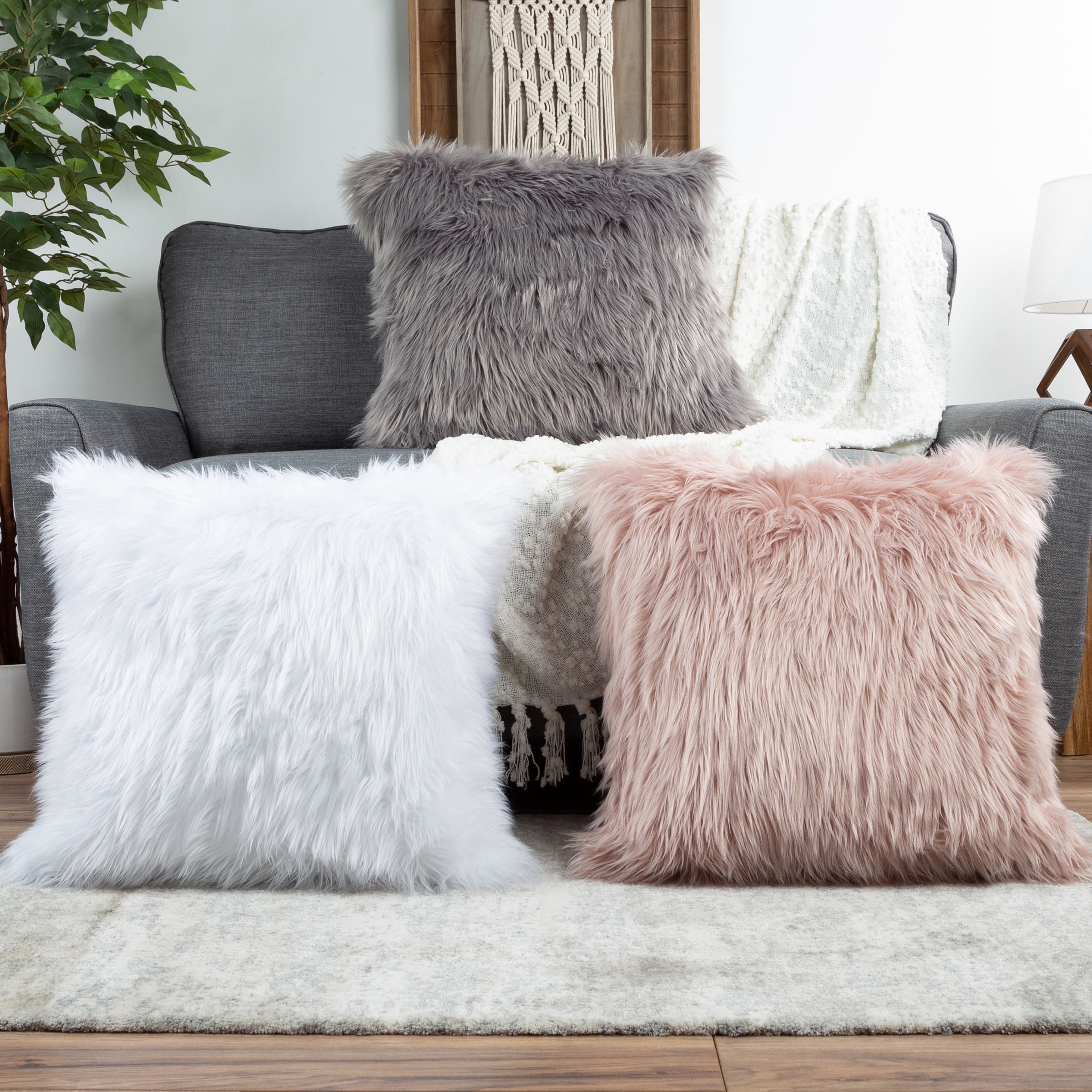 Somerset Home 1-Piece Himalayan Faux Fur Pillow for Adult - 22-inch Square Cover & Insert, White