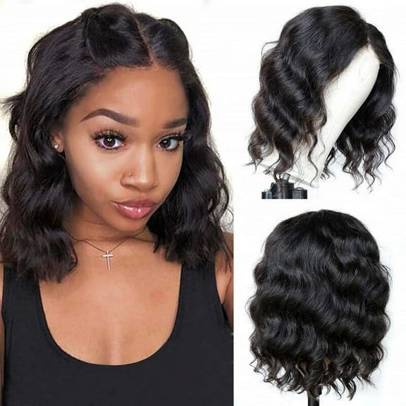 DOPI Natural Wave Lace Wigs Brazilian Human Hair Short Curly Wavy Lace Front Wigs (Synthetic Wig)