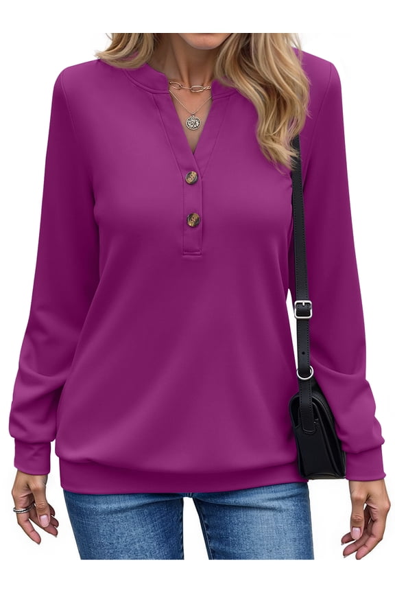 V Neck Sweatshirts for Women Casual Long Sleeve Shirts Button Pullover Tops Fashion Fall Outfits