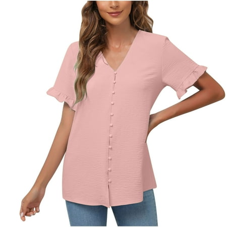

Bospose Short Sleeve Shirt Girl Girls V-Neck Shirt Pink Bustier Top Women S Summer Casual Ruffle Button-Up Top Solid Shirt Lady -Up Top Solid Color Shirt L