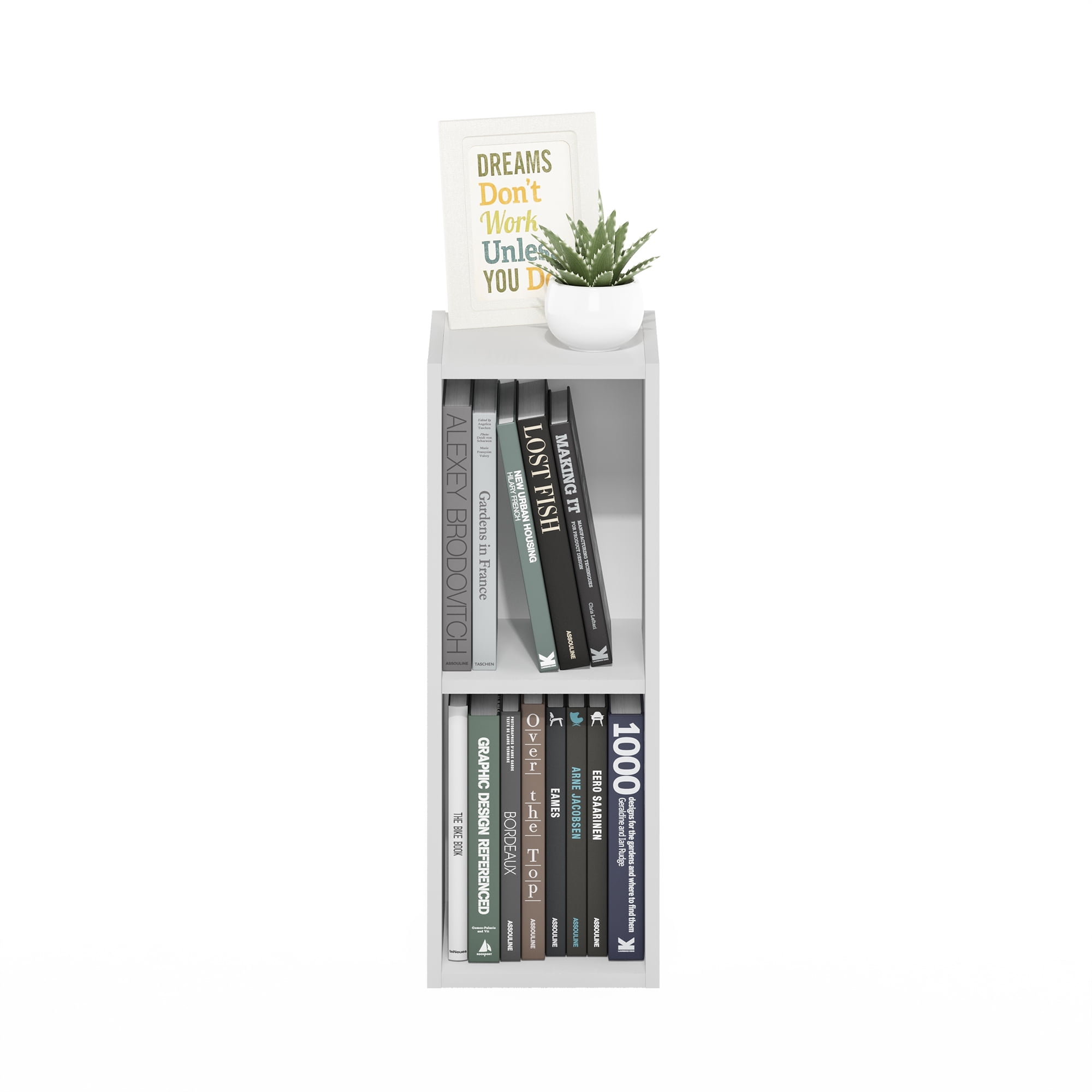 Furinno FULDA Book Shelf, 2-Tier Narrow Bookshelf, Bookcase with 8-In Width Storage Shelf, 9.3 x 7.9 x 21.2, for Living Room, Bedroom, Home Office, Plain White